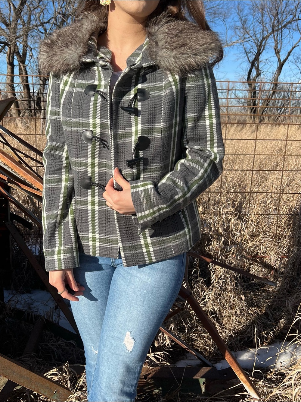 The Limited Gray & Green Plaid Pea Coat with Faux Fur Collar